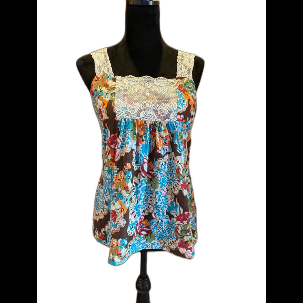 Self‎ Esteem Blouse Womens Sleeveless Top  Lace  Straps Blue Orange Pattern